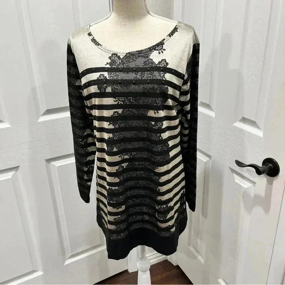 Isabel Gorgeous long lace Striped gold & black blouse shirt tunic w beading - Picture 6 of 8